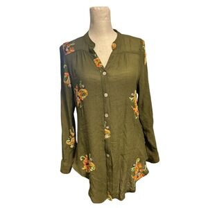Fig and Flower Embroidered Blouse Button Down Long Sleeve Olive Green Size Small